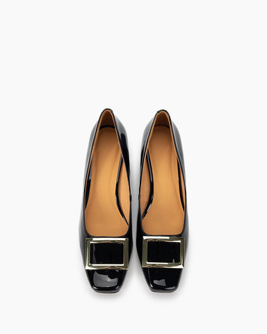 Leather Square Buckle Thick Heeled Loafers