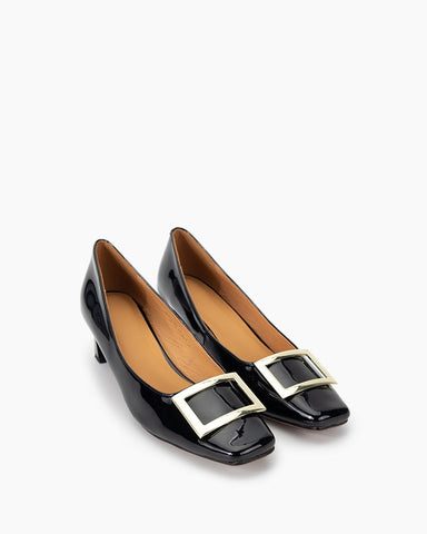 Leather Square Buckle Thick Heeled Loafers