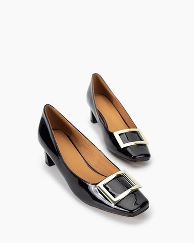 Leather Square Buckle Thick Heeled Loafers