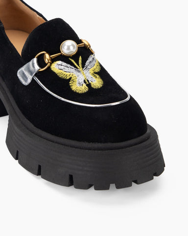 Pearl-embellished Butterfly Embroidered Suede Platform Loafers