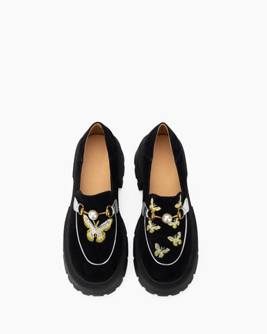 Pearl-embellished Butterfly Embroidered Suede Platform Loafers