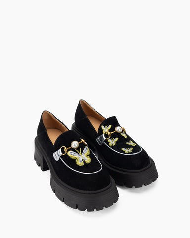 Pearl-embellished Butterfly Embroidered Suede Platform Loafers