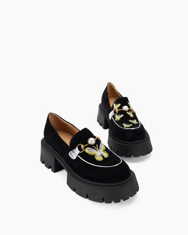 Pearl-embellished Butterfly Embroidered Suede Platform Loafers