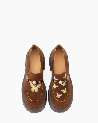 Pearl-embellished Butterfly Embroidered Suede Platform Loafers