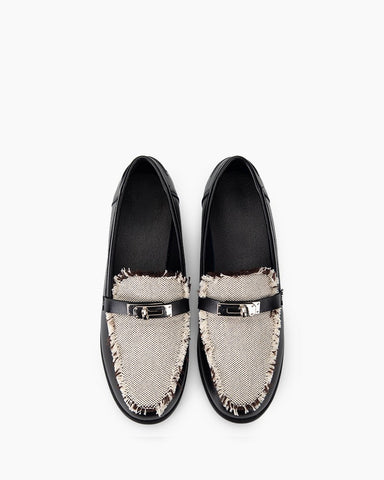 Fringed Detailing Leather Colorblock Loafers