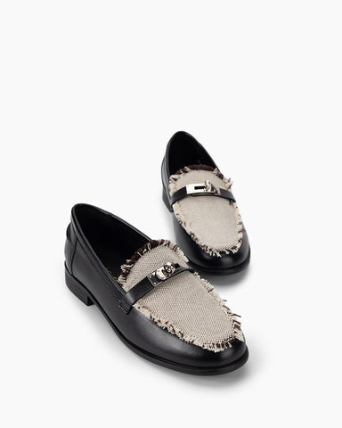 Fringed Detailing Leather Colorblock Loafers