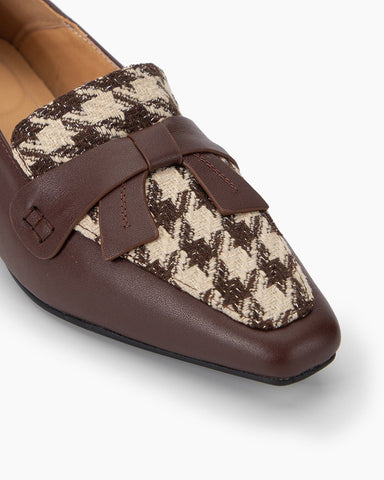 Bow-Embellished Houndstooth Print Block Heel Loafers