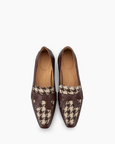 Bow-Embellished Houndstooth Print Block Heel Loafers