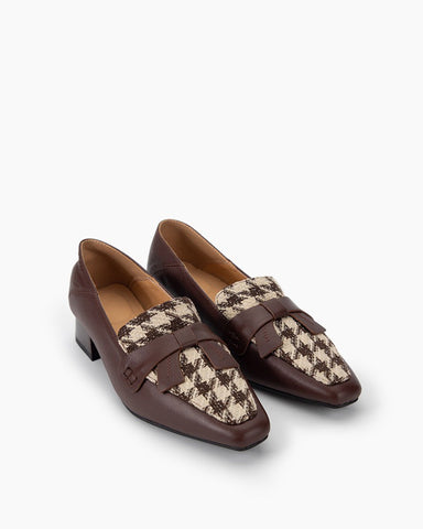 Bow-Embellished Houndstooth Print Block Heel Loafers