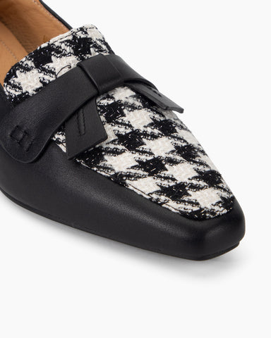 Bow-Embellished Houndstooth Print Block Heel Loafers