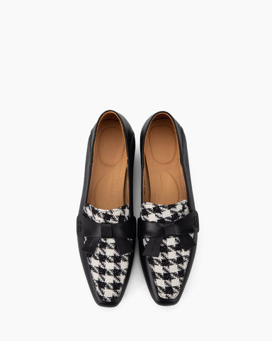 Bow-Embellished Houndstooth Print Block Heel Loafers