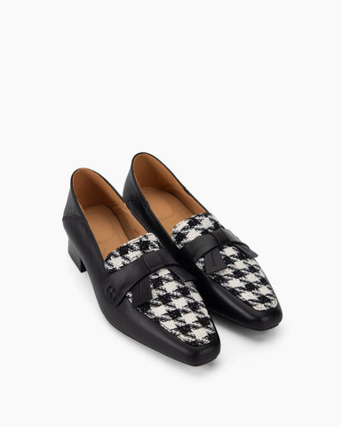 Bow-Embellished Houndstooth Print Block Heel Loafers