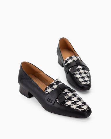 Bow-Embellished Houndstooth Print Block Heel Loafers