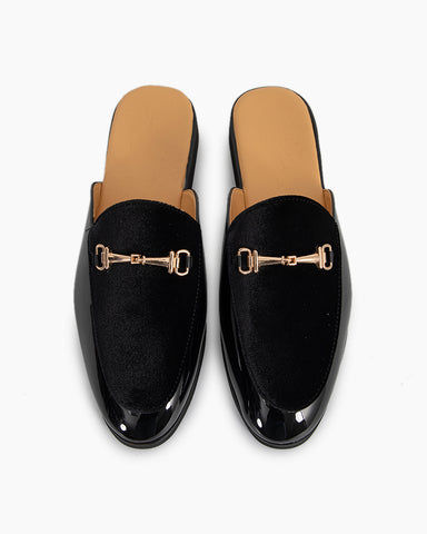 Men's Patent Leather and Suede Flat Slipper Mules