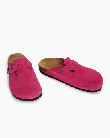 Pink Red Suede Soft Footbed Clog Mules