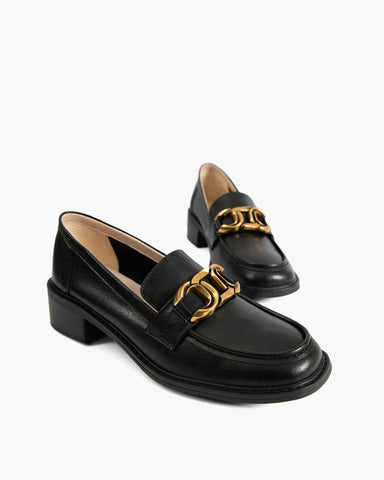 Metal Decoration Slip On Flat Leather Mid Heel Loafers