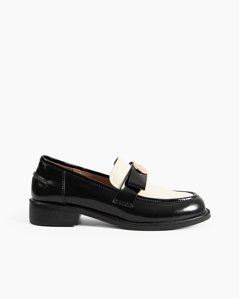 Gold Coin Buckle Bows Leather Loafers