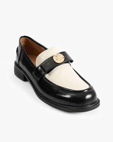 Gold Coin Buckle Bows Leather Loafers