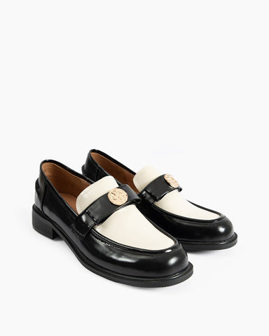 Gold Coin Buckle Bows Leather Loafers