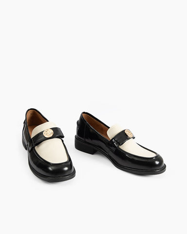 Gold Coin Buckle Bows Leather Loafers