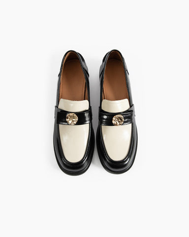 Gold Coin Buckle Bows Leather Loafers