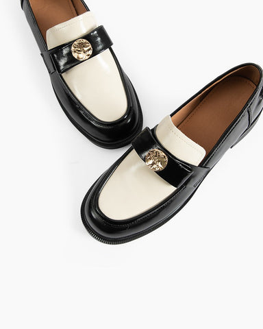 Gold Coin Buckle Bows Leather Loafers