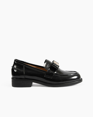 Gold Coin Buckle Bows Leather Loafers