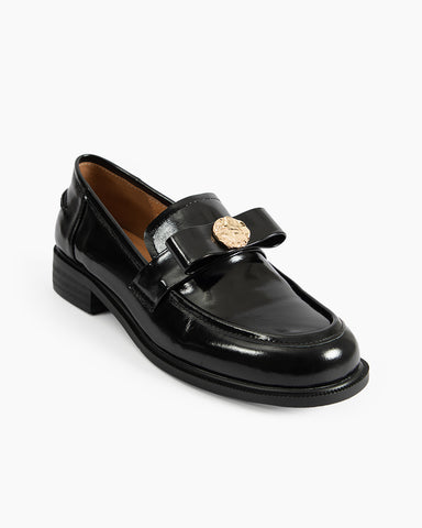 Gold Coin Buckle Bows Leather Loafers