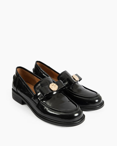 Gold Coin Buckle Bows Leather Loafers