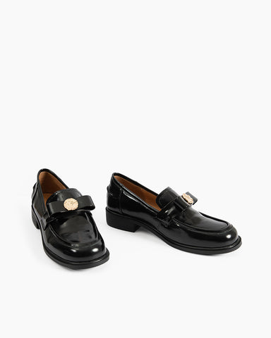 Gold Coin Buckle Bows Leather Loafers