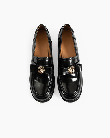 Gold Coin Buckle Bows Leather Loafers