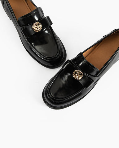 Gold Coin Buckle Bows Leather Loafers