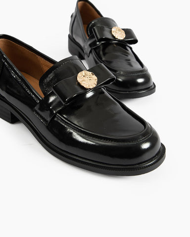 Gold Coin Buckle Bows Leather Loafers