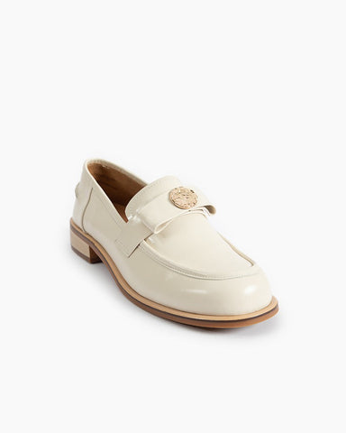 Gold Coin Buckle Bows Leather Loafers