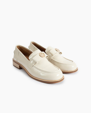 Gold Coin Buckle Bows Leather Loafers