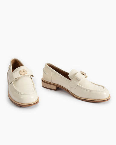 Gold Coin Buckle Bows Leather Loafers