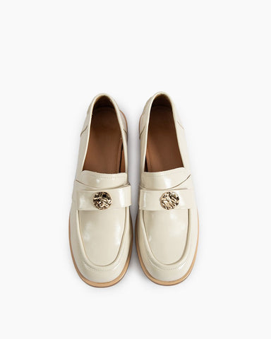 Gold Coin Buckle Bows Leather Loafers