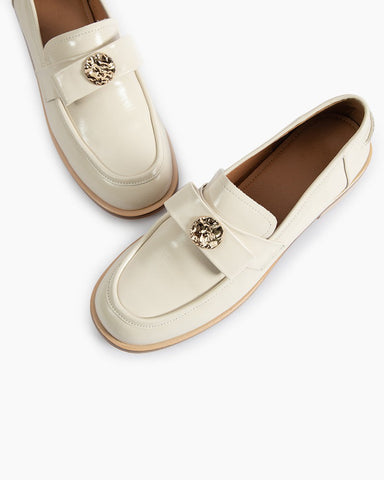 Gold Coin Buckle Bows Leather Loafers