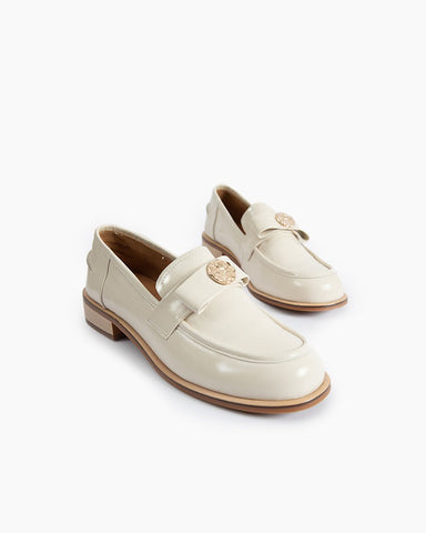 Gold Coin Buckle Bows Leather Loafers