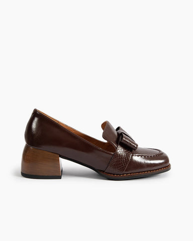 Bow Embossed Leather Mid Heel Loafers