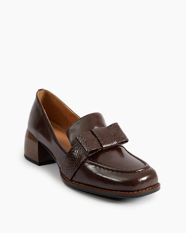 Bow Embossed Leather Mid Heel Loafers