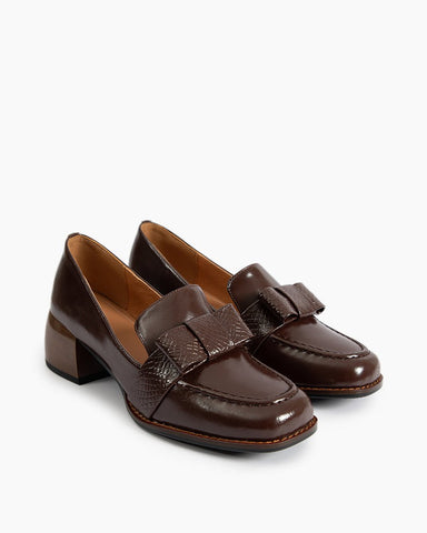 Bow Embossed Leather Mid Heel Loafers