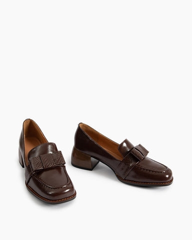 Bow Embossed Leather Mid Heel Loafers