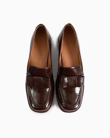 Bow Embossed Leather Mid Heel Loafers