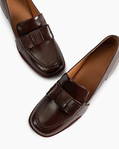 Bow Embossed Leather Mid Heel Loafers