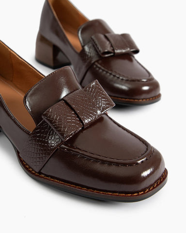 Bow Embossed Leather Mid Heel Loafers