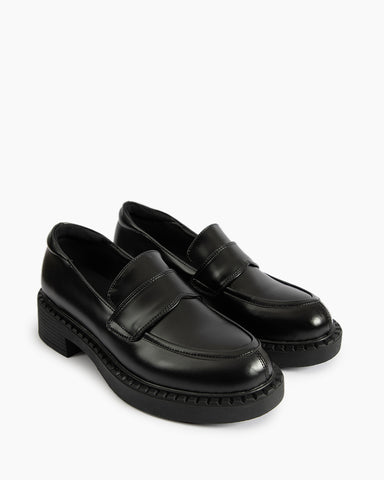 Smooth Genuine Leather Chunky Penny Loafers