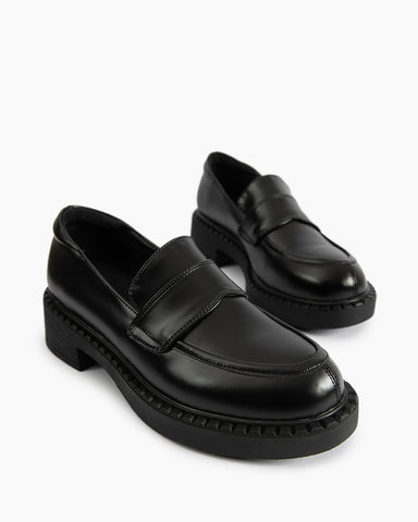 Smooth Genuine Leather Chunky Penny Loafers