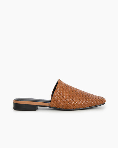 Brown-Cowhide-Woven-Square-Toe-Flat-Mules