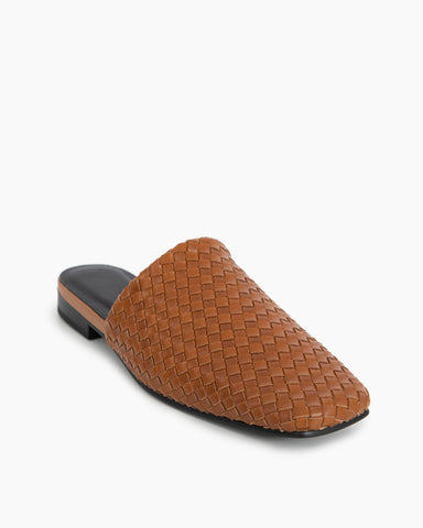 Brown-Cowhide-Woven-Square-Toe-Flat-Mules